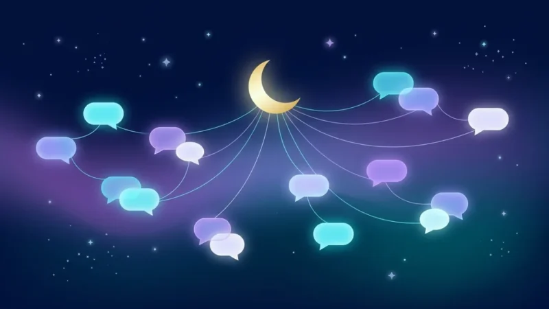 Bulles de conversation lumineuses reliées en constellation autour d’une lune dans un ciel nocturne bleu marine