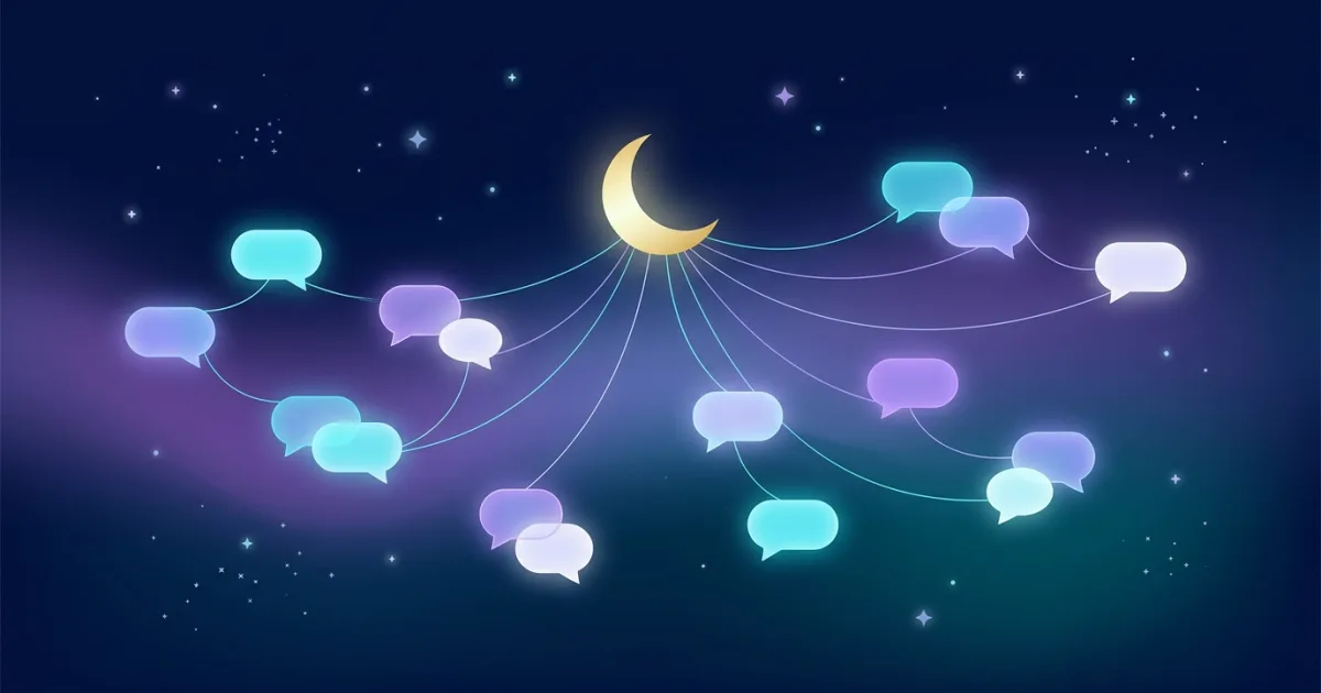Bulles de conversation lumineuses reliées en constellation autour d’une lune dans un ciel nocturne bleu marine